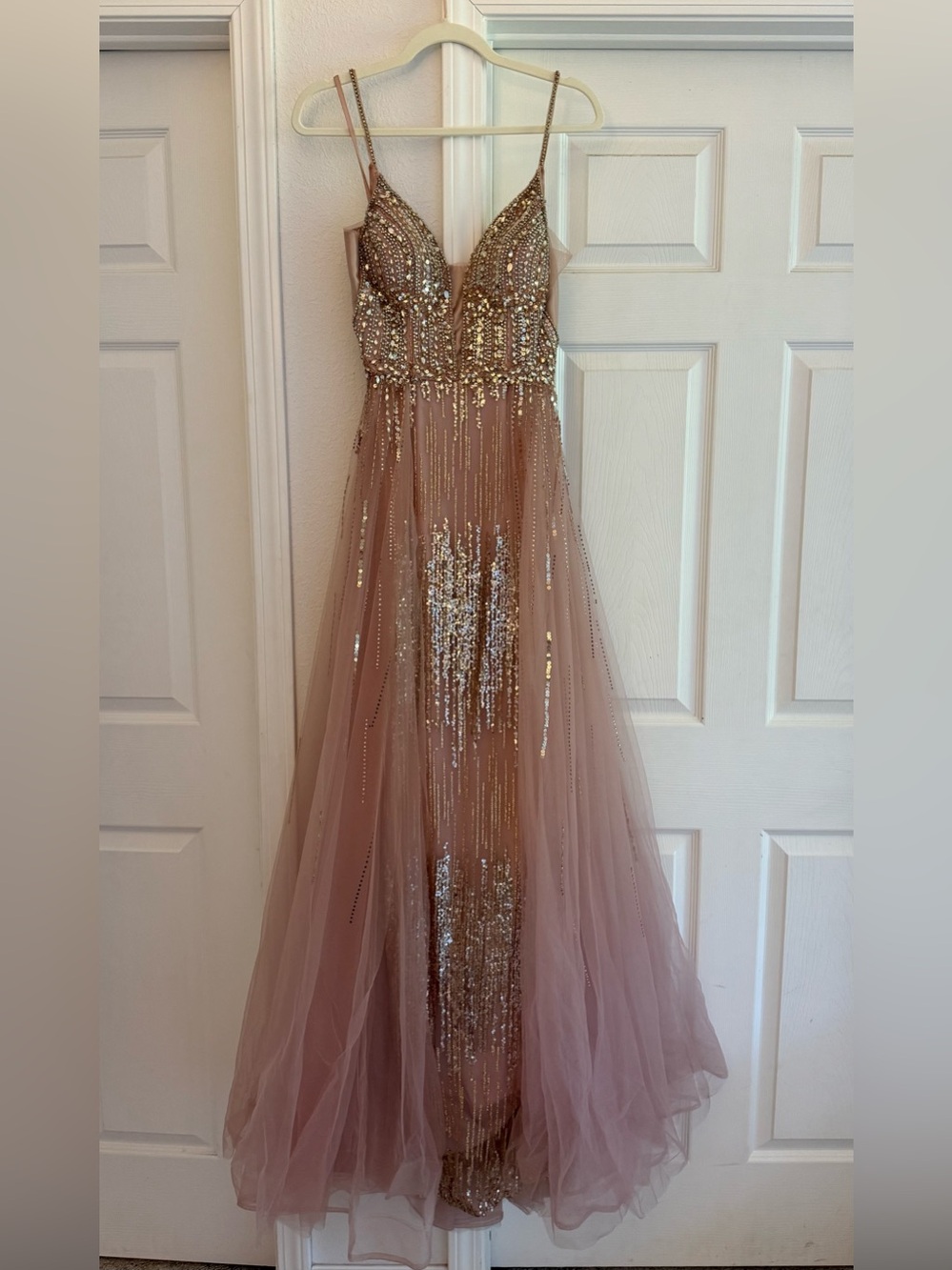 Beaded Sparkle Mauve Prom Gown with Tulle Skirt